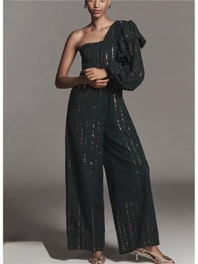 FARM Rio Black One-Shoulder Sequin Stripe Jumpsuit